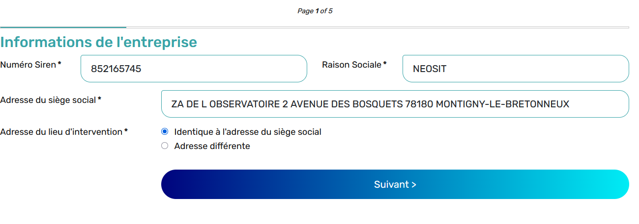 Test de saisie d'un SIREN dans le formulaire avec pré-remplissage des données via l'API